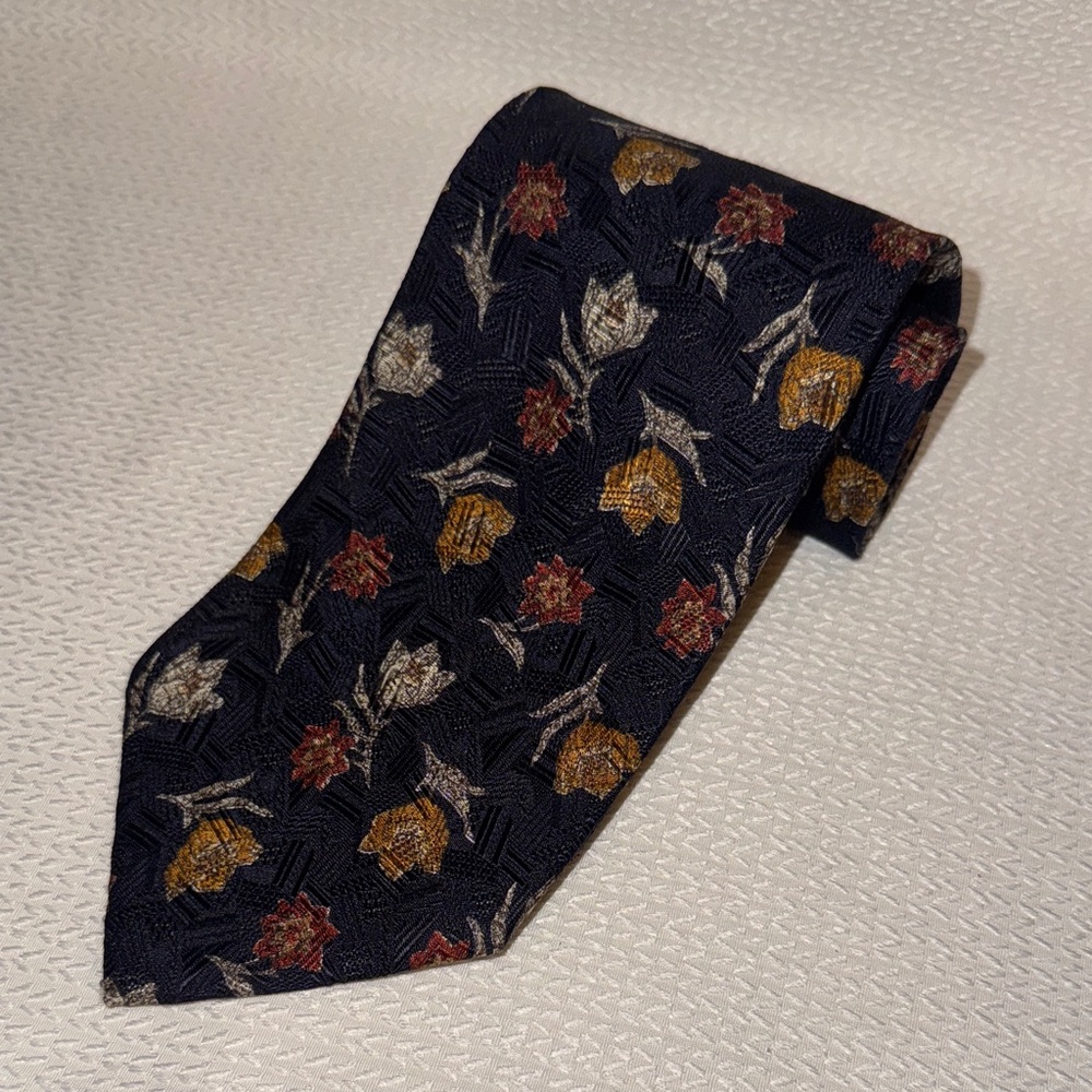 Structure Navy Tie with Gold and Red Floral Design Silk Made in USA